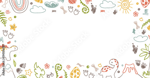 Whimsical dinosaur border with hand drawn shapes and sketchy lines. Frame crayon kindergarten design made for kids content, preschool visuals and friendly text frames.