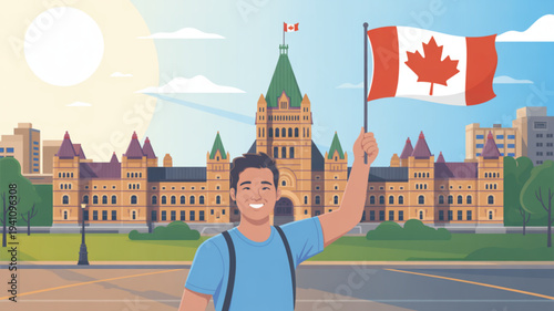 Young man waving canadian flag in front of parliament hill buildings on sunny day with blue sky