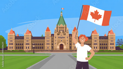 Man holding canadian flag in front of parliament building on a sunny day with green lawn and blue sky
