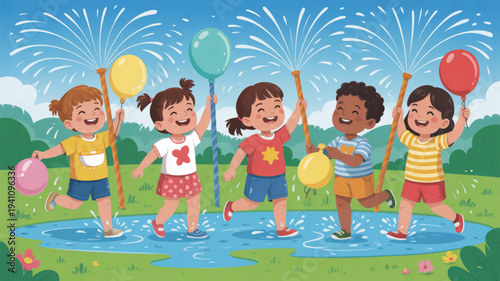 Diverse children playing with balloons and jumping in puddle on sunny day with fireworks