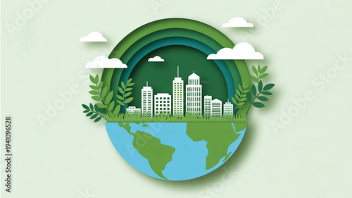 Eco friendly cityscape with green earth rainbow and clouds symbolizing sustainable urban living and environmental harmony