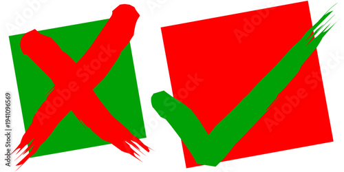 Hand drawn red cross and green check mark symbols in doodle style representing correct and incorrect choices, simple vector illustration isolated on white background