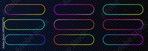 Stylish glowing pill buttons with futuristic light effect and bold frame. Designed for neon action call graphics, infographic elements, casino apps, and digital interface layouts.