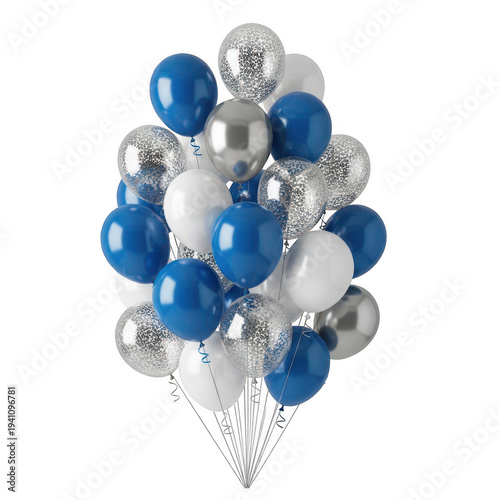 Elegant cluster of blue and silver balloons tied together with a decorative ribbon