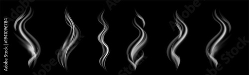 Soft flowing vapor and smoke lines rising like aroma from coffee, tea or BBQ. Realistic steam food effect for hot cuisine, cooking scenes, mug or kettle illustrations.