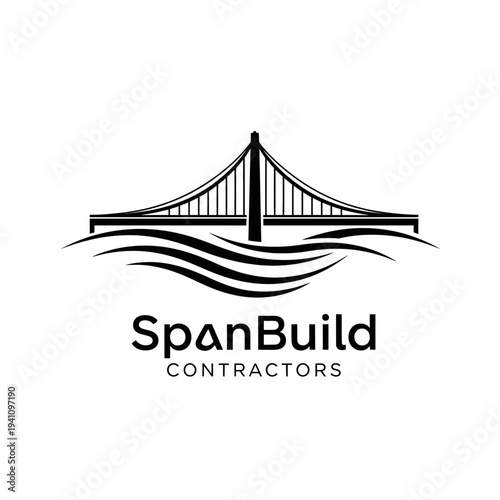Suspension Bridge Silhouette Logo with "SpanBuild Contractors" Text on Isolated White Background.