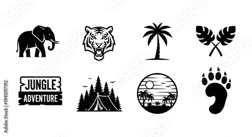 Jungle themed icons featuring animals plants and adventure silhouette