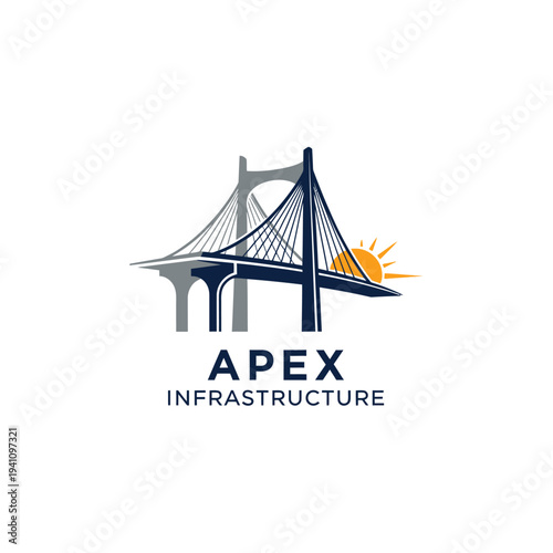 Bridge and Sunrise Logo for Infrastructure Development on Isolated White Background
