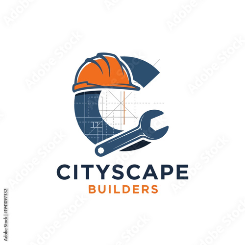 Creative letter C icon integrated with a hard hat, wrench, and blueprint lines, symbolizing construction, engineering, and craftsmanship, isolated white background.