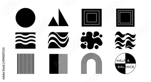 Abstract geometric shapes and wave patterns in a monochrome silhouette