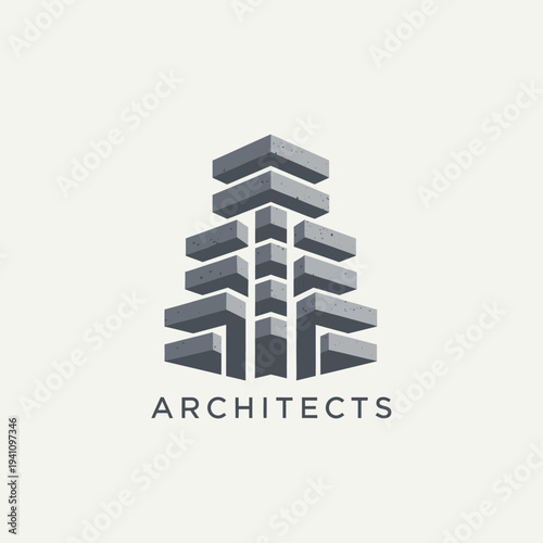 Abstract architectural blocks stacked to form a modern building structure, representing design and architectural innovation, isolated white background.