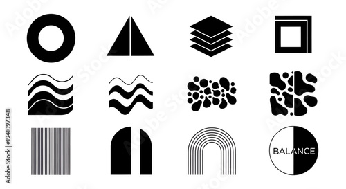 Abstract geometric shapes arranged in a grid black silhouette