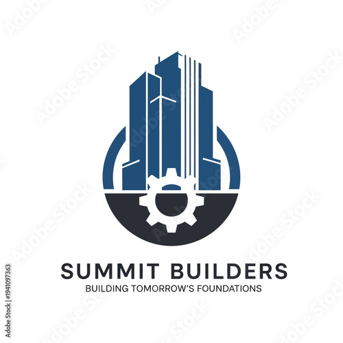 Modern building complex with a prominent gear/cogwheel at its base, representing construction, engineering, and solid foundations, isolated white background.