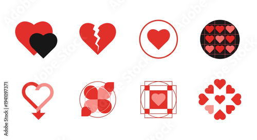 Collection of red heart icons with varying designs and a dark silhouette