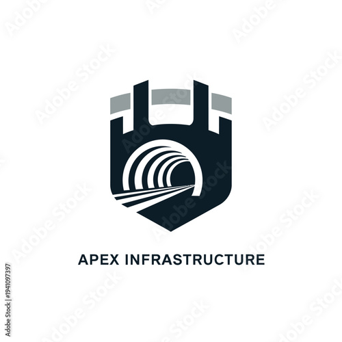 Abstract tunnel entrance within a strong, modern architectural structure, symbolizing infrastructure, protection, and connectivity, isolated white background.