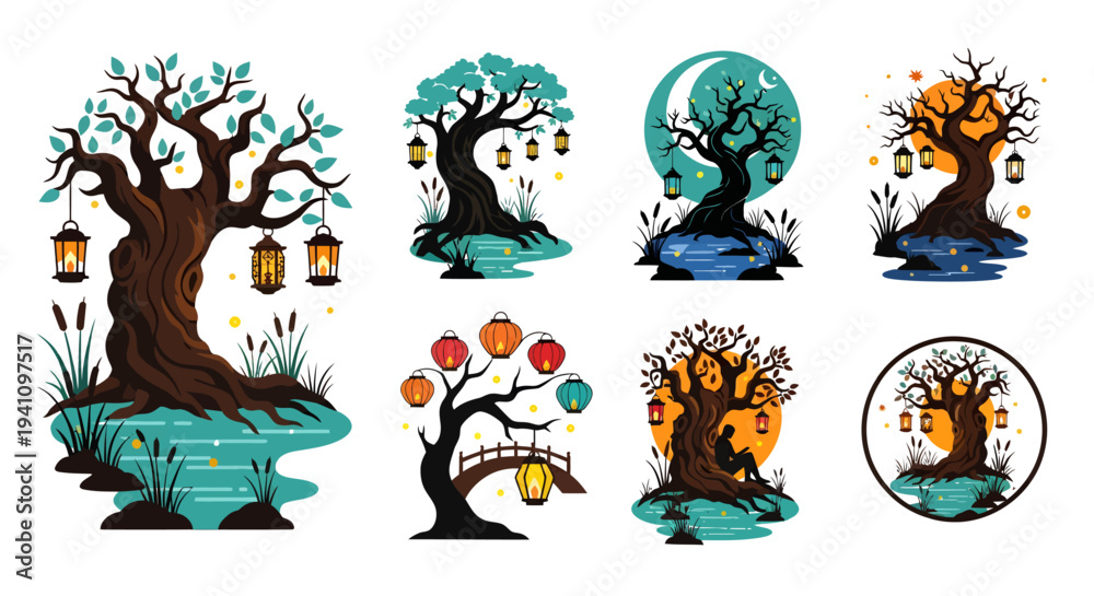 Obraz premium Collection of mystical trees with lanterns and moon a striking silhouette