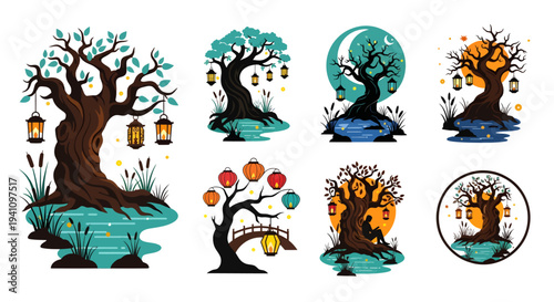 Collection of mystical trees with lanterns and moon a striking silhouette