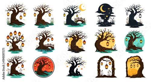 Magical trees with glowing lanterns and moonlit scenes a silhouette
