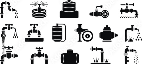 Black and white plumbing pipes faucets valves