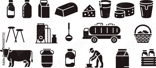 Black and white dairy farm including milk bottles and cows