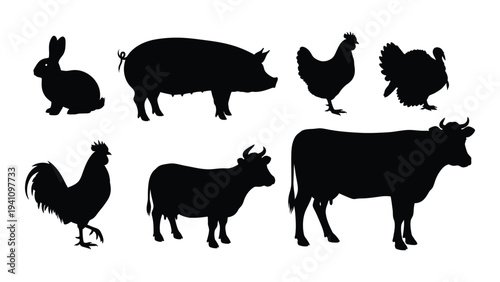 Black silhouettes of various farm animals