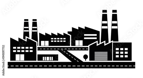 Industrial factory building with smokestacks.