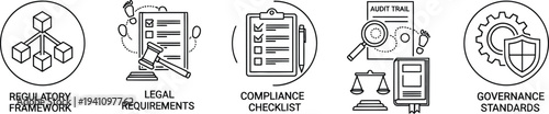 A set of five outlined icons represents essential corporate concepts including regulatory framework, legal requirements, and governance standards.