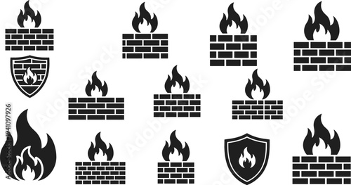 Firewall security icons set with brick wall and flame symbols, cyber protection concept for network security, data safety and system defense vector illustration