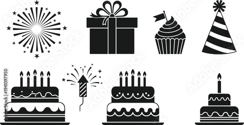 Birthday party celebration icons set with cake, cupcake, gift box, fireworks and party hat symbols for festive event decoration vector illustration