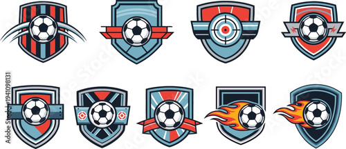 Collection of modern soccer shield badges with football balls, wings, flames, and target elements in retro sport emblem style for team logos and branding
