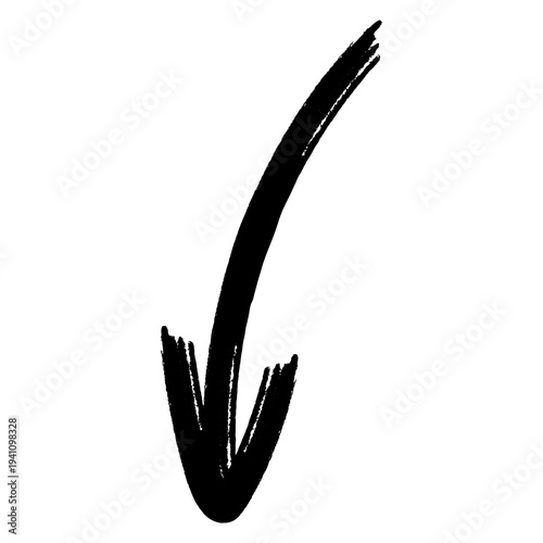 Black brush stroke arrow pointing down on white background