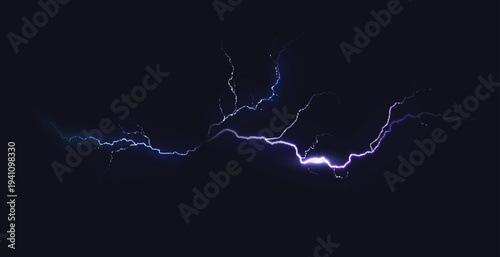 Blue thunder bolt light and electric energy discharge in form of circle on black background. Realistic 3d vector illustration round frame from storm lightning power effect.