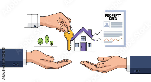 Real estate agent handing over keys to a house next to a property deed document for new homeowners and successful deal.
