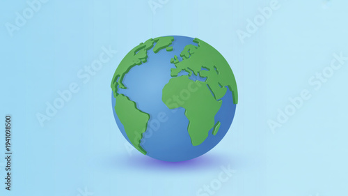 3d illustration of earth globe with green continents and blue oceans on light blue background
