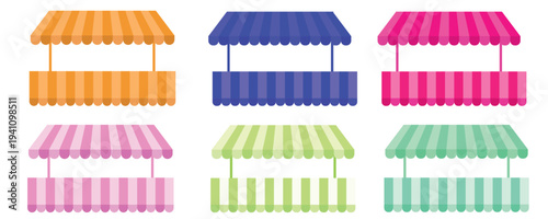 Striped Shop Awnings Set: Vector Illustration of Vintage Market Canopies Isolated on Light Background