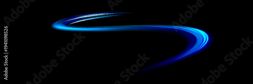 Semicircular wave, light vortex wake. Bright circle. Set of abstract light lines of movement and speed. Light line effect blue neon glow flare wave glowing shiny speed lines effect vector background.