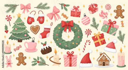 Christmas Elements Collection: Gifts, Wreath, Tree, Gingerbread, Santa Hat, Stocking