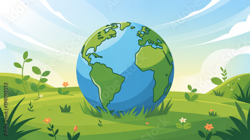 Earth globe in green grassy field with flowers and blue sky eco friendly concept environmental awareness nature conservation