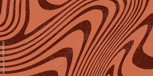 Retro coffee color background. Milk chocolate liquid dessert texture. Wavy swirl candy pattern for poster, cover, banner, pamphlet. Vintage brown trippy hippie wallpaper in 60s or 70s style. Vector