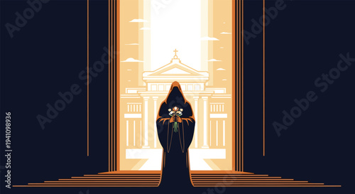 Grim reaper in dark cloak stands holding flowers before a glowing classical temple under a bright portal light.