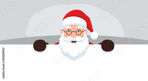 Jolly Santa Claus wearing spectacles and red hat peeks over a blank white banner with his gloved hands visible.