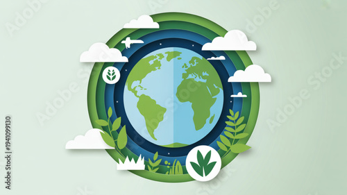 Earth surrounded by eco friendly symbols clouds and greenery on a light green background representing environmental conservation and sustainability