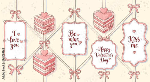 Hand-drawn Valentine's Day decorations with cakes and love messages