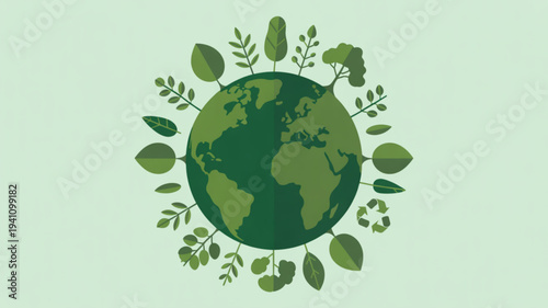 Eco friendly earth with green leaves and recycling symbol around it on a light green background
