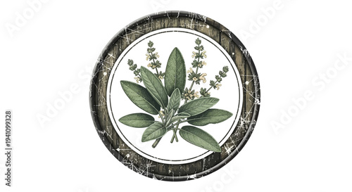 Vintage Sage Herb Illustration in Wooden Circle