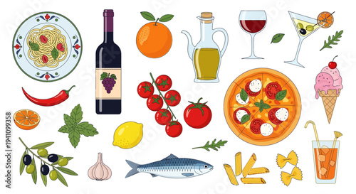 Italian Food Collage: Pasta, Pizza, Wine, Olive Oil, Fruits, Vegetables, Seafood