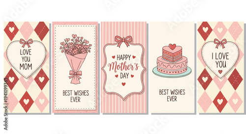 Mother's Day Cards Collection: Love You Mom, Best Wishes, Cake, Flowers