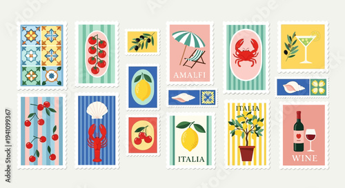 Italian Postcard Stamps: Amalfi Coast, Food, Wine, and Summer Vacation Icons