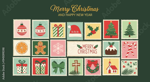 Merry Christmas Postcard Collection: Festive Stamps with Holiday Icons