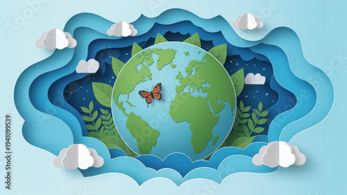 Earth surrounded by clouds and leaves with a butterfly symbolizing environmental conservation and sustainability